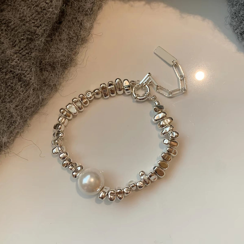 Silver Cube & Single Pearl Bracelet
