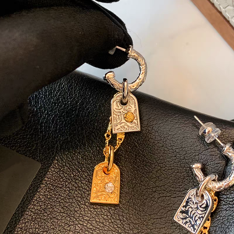 Dual-Tone Engraved Tag Hoop Earrings