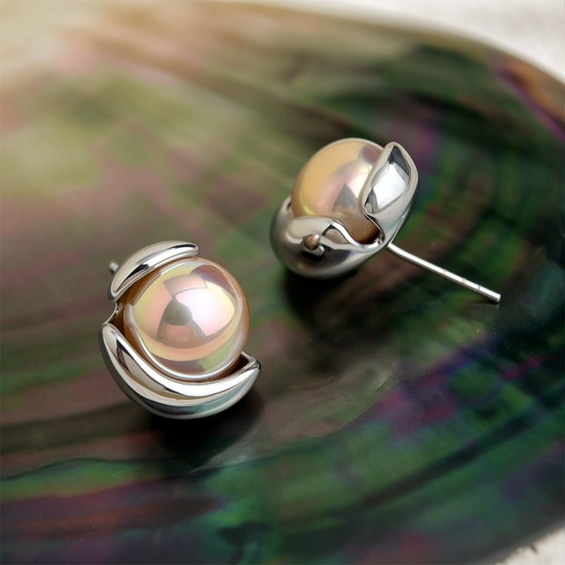 Sleek Silver & Pink Pearl Studs