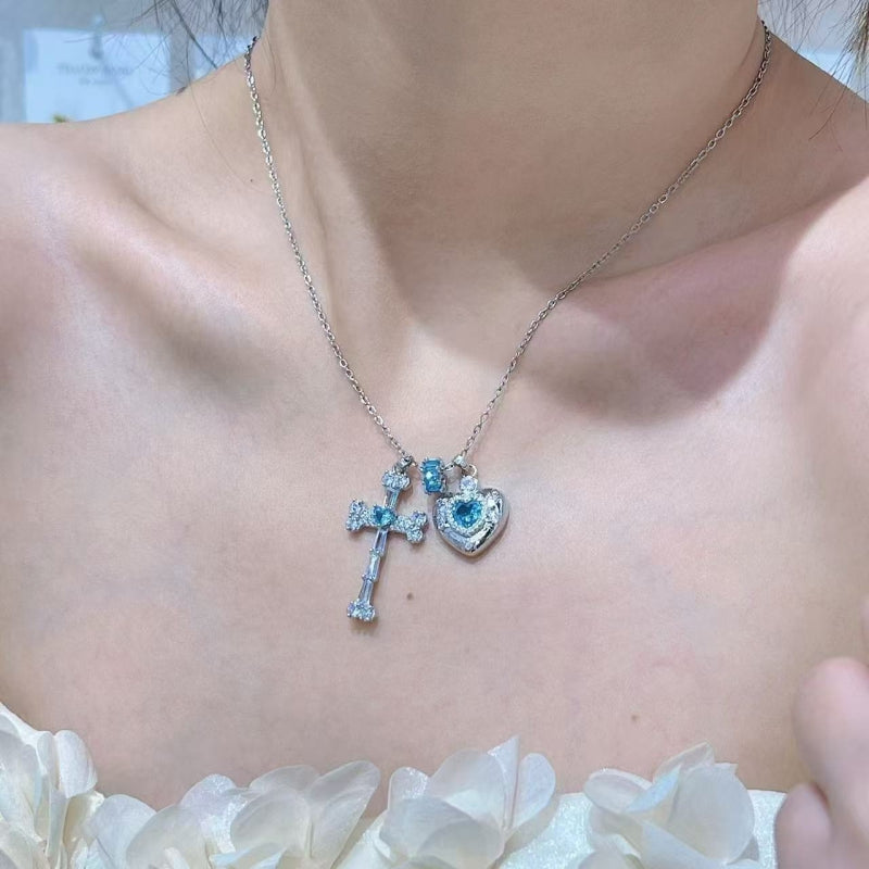 Ice Blue Cross & Heart Pendant Necklace