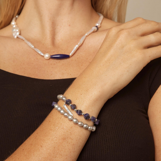 Baroque Pearl Blue Stone Double Wrap Bracelet