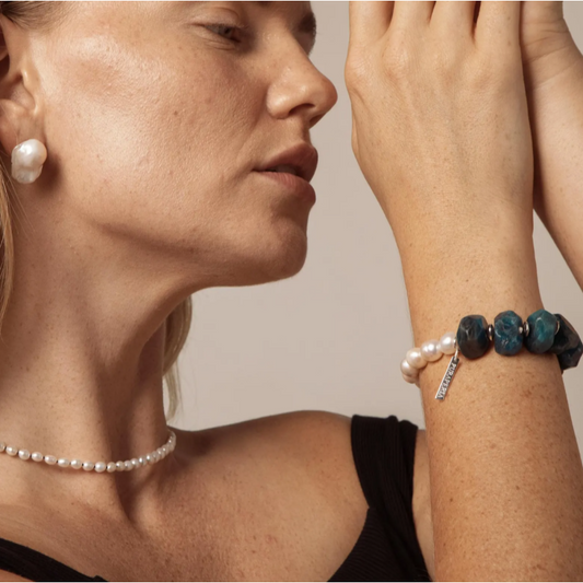 Blue Apatite and Textured Pearl Bracelet