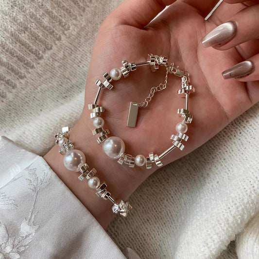 Geometric Pearl Silver Bracelet