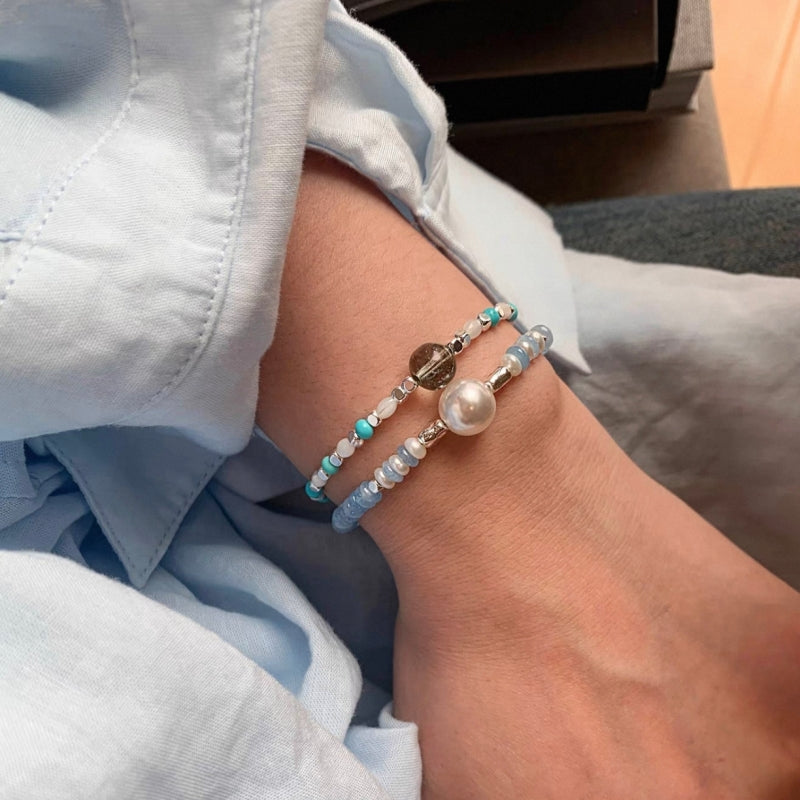 Soft Blue Stone & Pearl Silver Bracelet