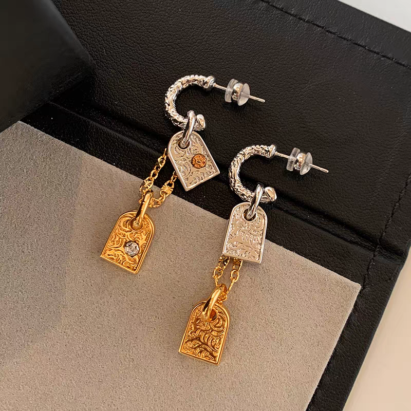 Dual-Tone Engraved Tag Hoop Earrings