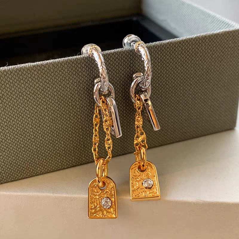 Dual-Tone Engraved Tag Hoop Earrings