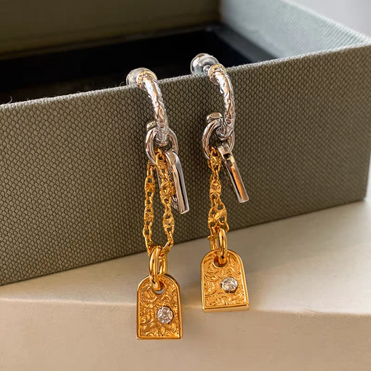 Dual-Tone Engraved Tag Hoop Earrings