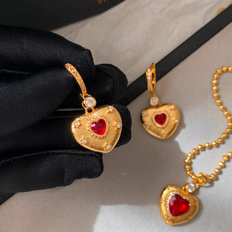 Vintage Ruby Heart Necklace & Earrings Set