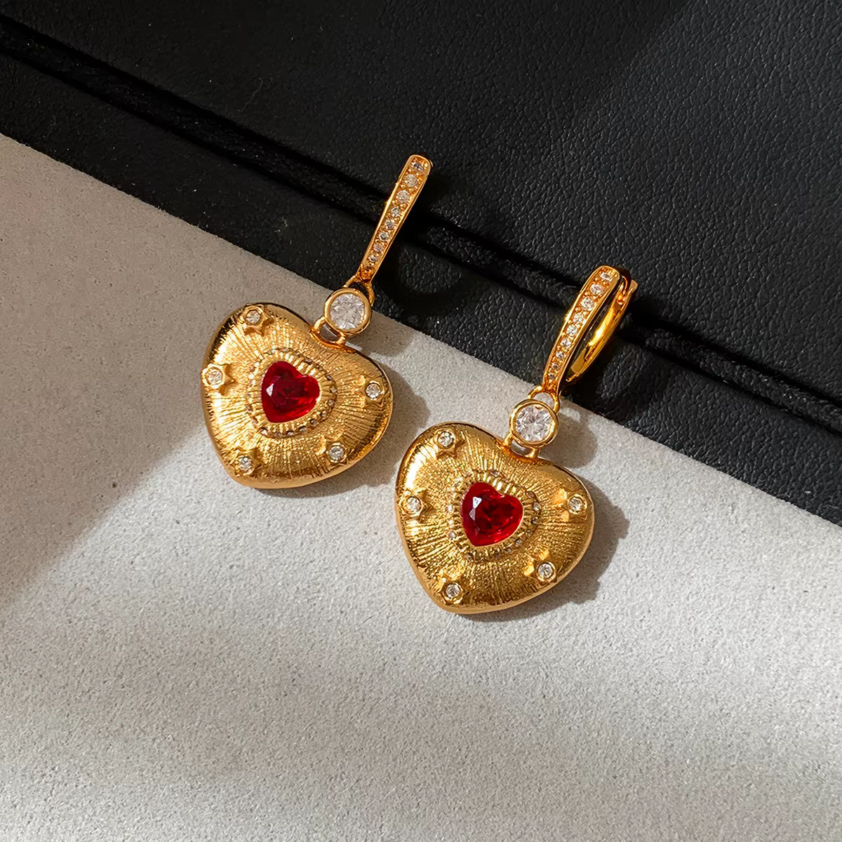 Vintage Ruby Heart Necklace & Earrings Set