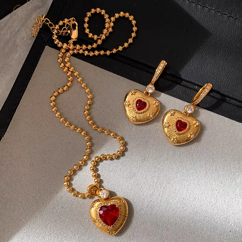 Vintage Ruby Heart Necklace & Earrings Set