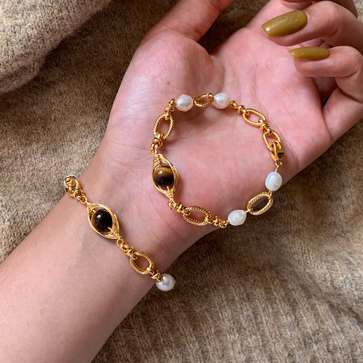 Evil Eye Tiger’s Eye & Pearl Bracelet