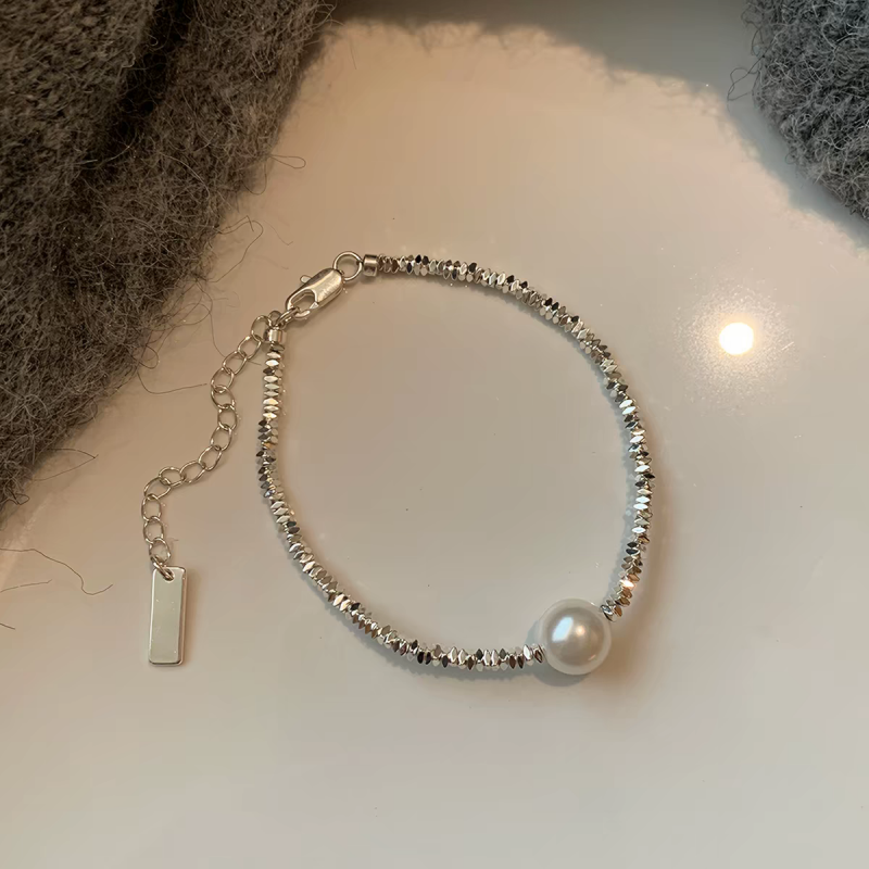 Silver Cube & Single Pearl Bracelet