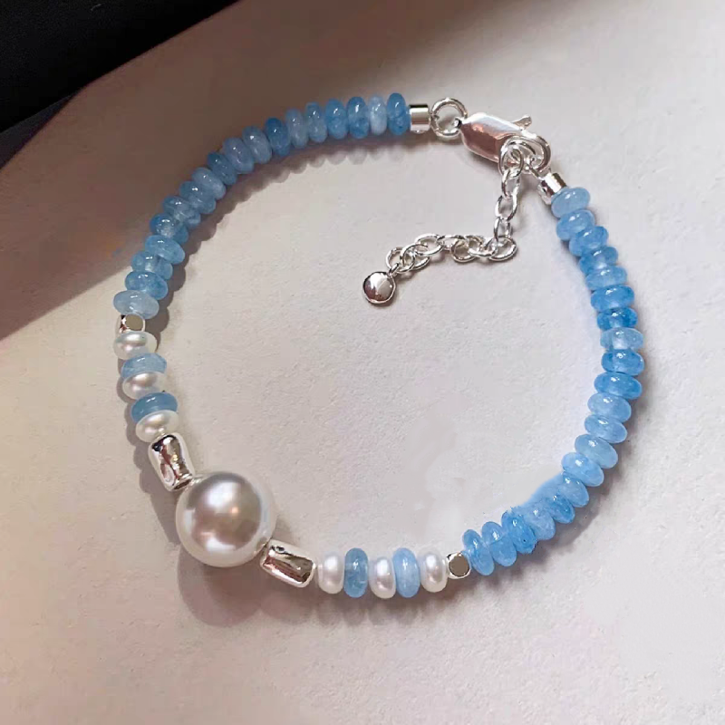 Soft Blue Stone & Pearl Silver Bracelet