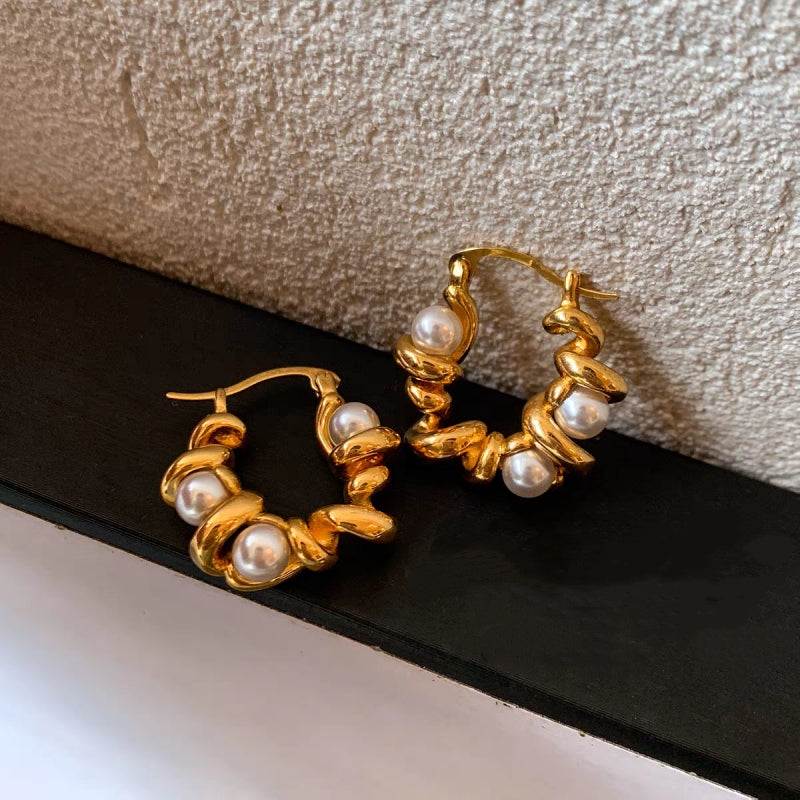 Twisted Metal & Pearl Hoop Earrings