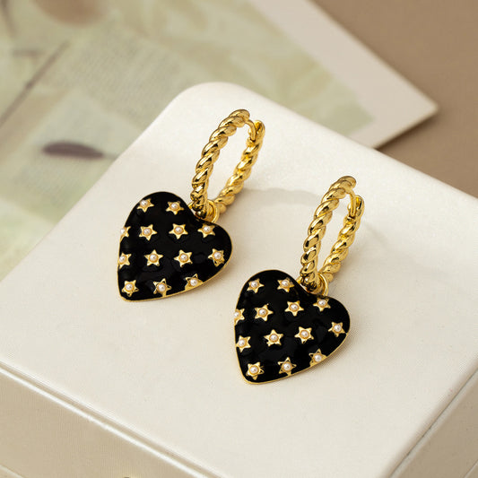Starry Black Heart Drop Earrings