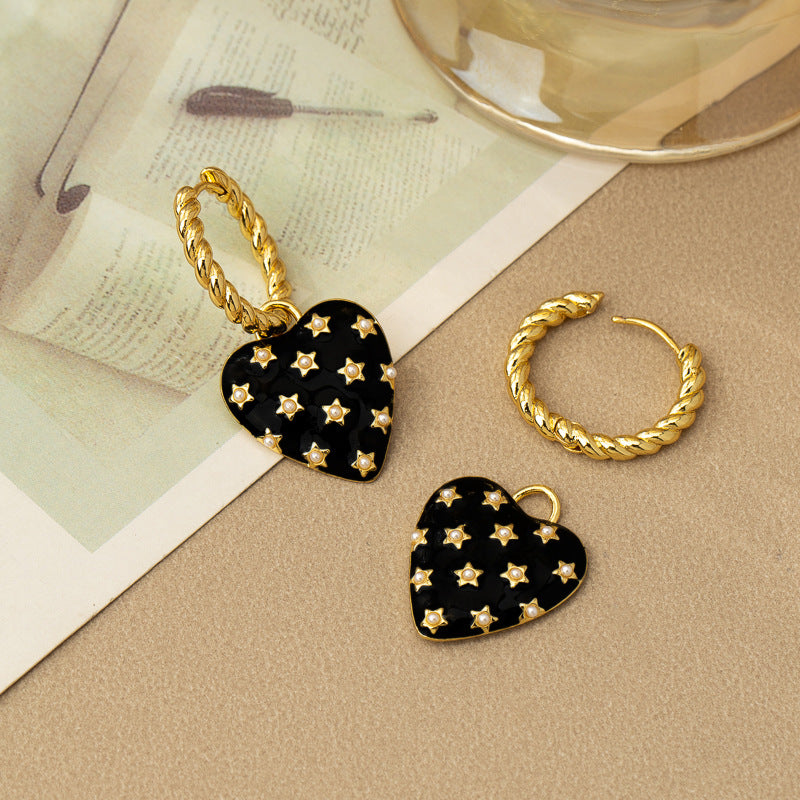 Starry Black Heart Drop Earrings