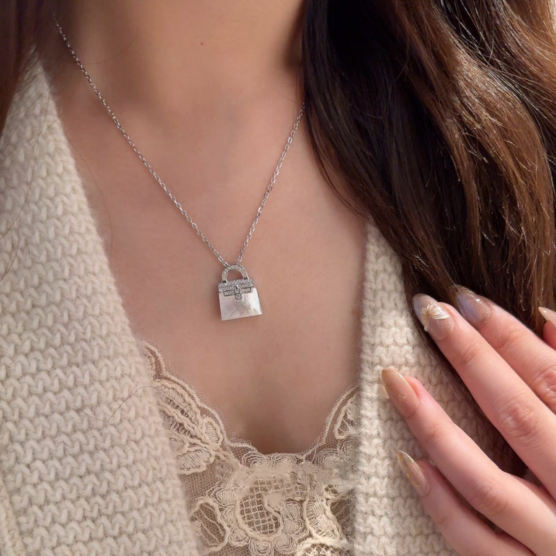 Pavé & Shell Handbag Pendant Necklace