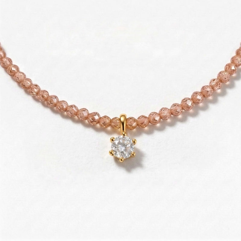 Soft Peach Beaded Choker with Diamond Accent