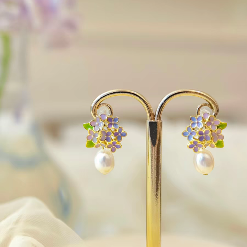 Purple Hydrangea Pearl Earrings