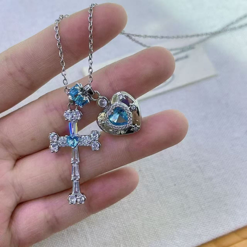 Ice Blue Cross & Heart Pendant Necklace