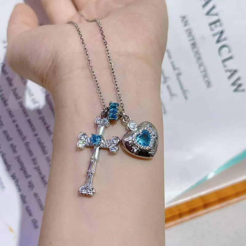 Ice Blue Cross & Heart Pendant Necklace