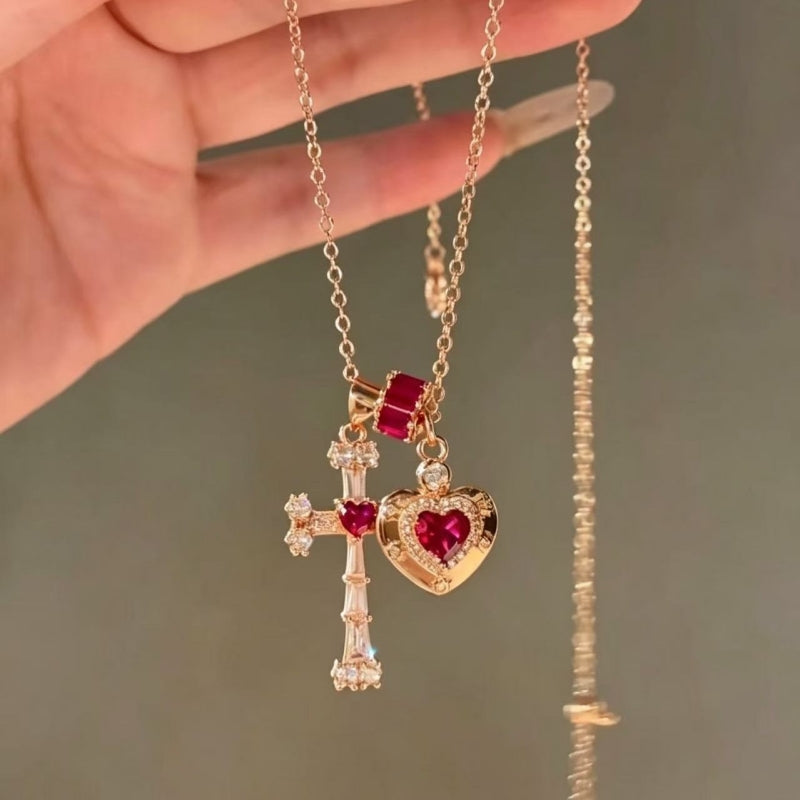 Ice Blue Cross & Heart Pendant Necklace