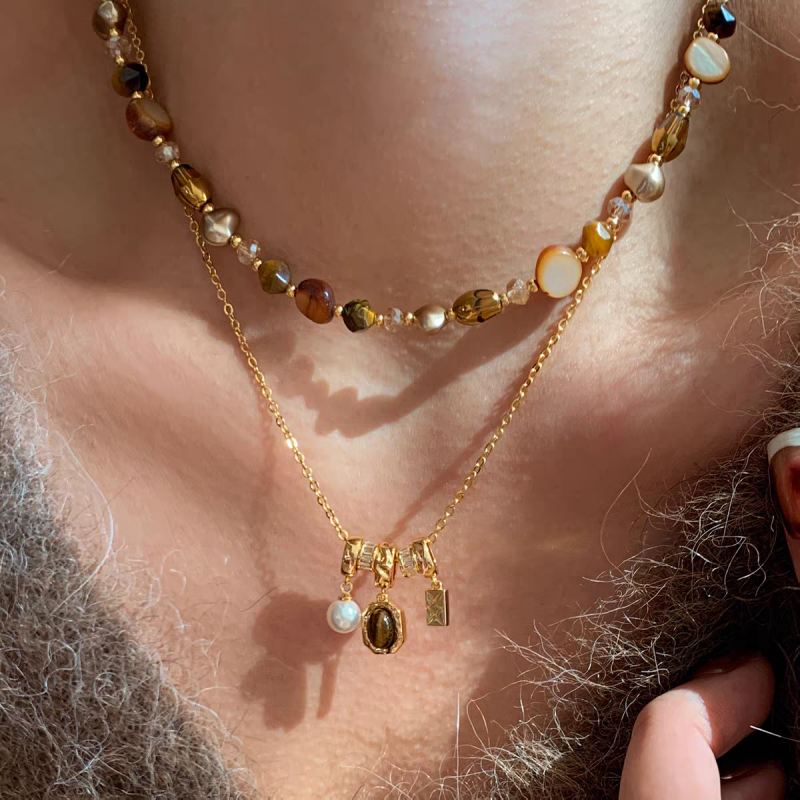 Earthy Tone Tiger’s Eye Beaded Layered Necklace