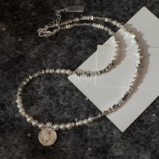Rose Disc Pearl & Crushed Silver Choker