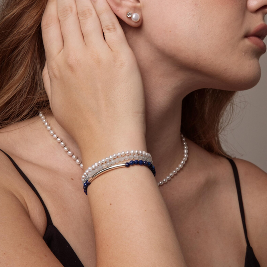 Aquamarine, Lapis Lazuli & Pearl Triple Wrap Bracelet