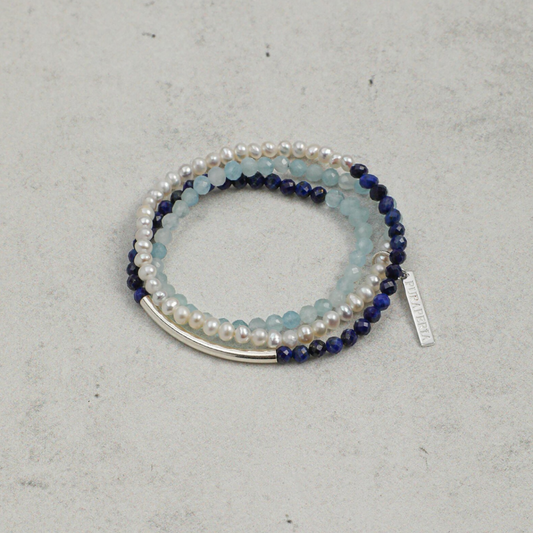 Aquamarine, Lapis Lazuli & Pearl Triple Wrap Bracelet